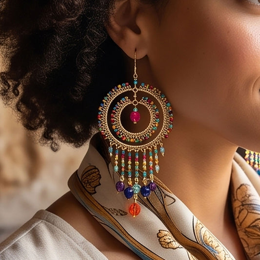 Cleopatra Hoop Dangle Earrings Multicolor Czech Beads Boho - Gem Avenue Retail
