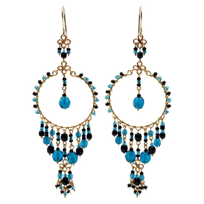 Chandelier Earrings Fire Polished Beads Teal Black Boho Dangle Earrings Gold Tone Stainless Steel 3.5"