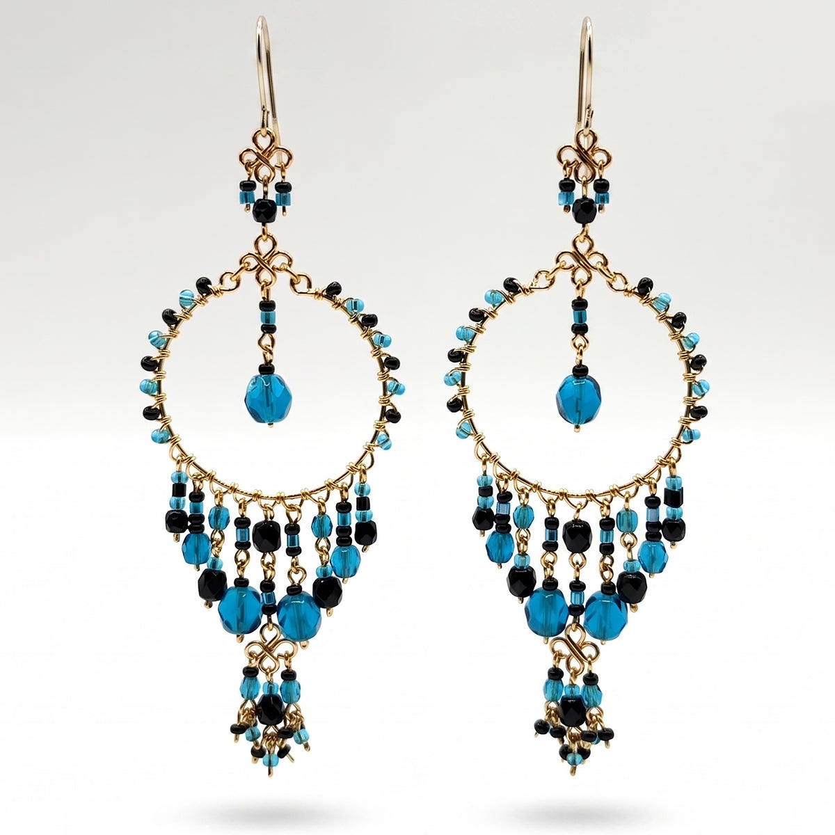Chandelier Earrings Fire Polished Beads Teal Black Boho Dangle Earrings Gold Tone Stainless Steel 3.5"