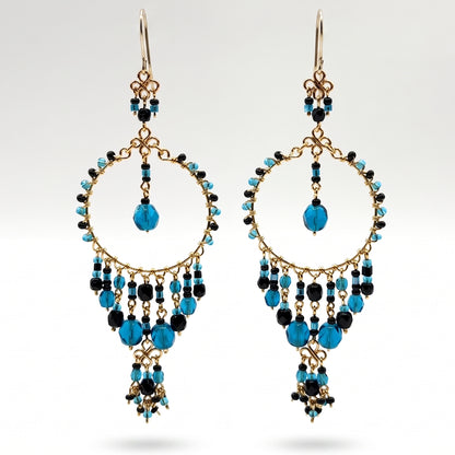Chandelier Earrings Fire Polished Beads Teal Black Boho Dangle Earrings Gold Tone Stainless Steel 3.5"