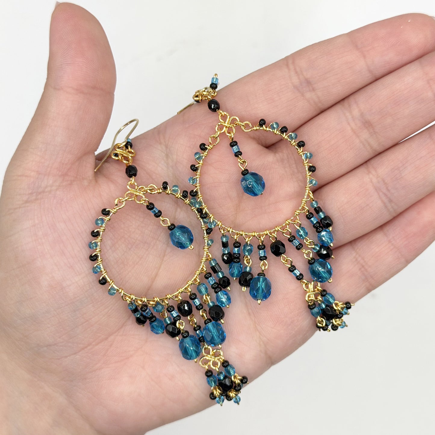 Chandelier Earrings Fire Polished Beads Teal Black Boho Dangle Earrings Gold Tone Stainless Steel 3.5"
