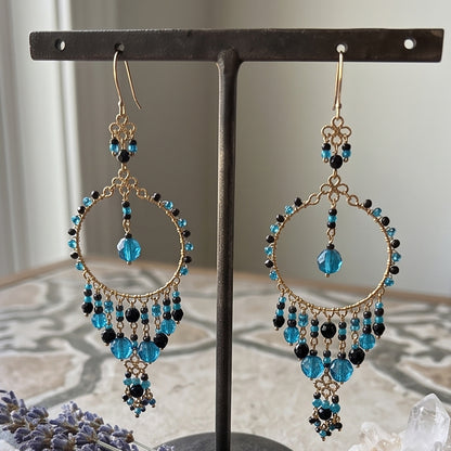 Chandelier Earrings Fire Polished Beads Teal Black Boho Dangle Earrings Gold Tone Stainless Steel 3.5"