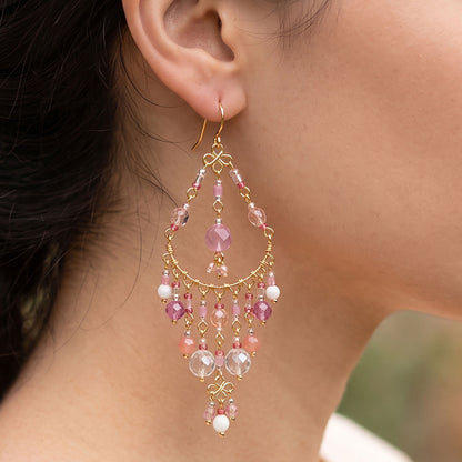 Pink Clear Fire Polished Bead Chandelier Earrings 2.75 Inch Stainless Steel Boho Dangle Jewelry Handmade Statement Gift