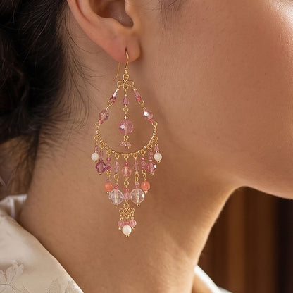 Pink Clear Fire Polished Bead Chandelier Earrings 2.75 Inch Stainless Steel Boho Dangle Jewelry Handmade Statement Gift