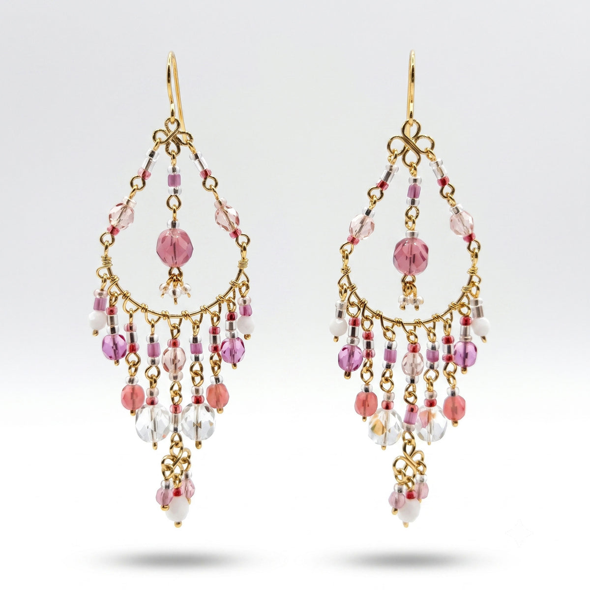Pink Clear Fire Polished Bead Chandelier Earrings 2.75 Inch Stainless Steel Boho Dangle Jewelry Handmade Statement Gift