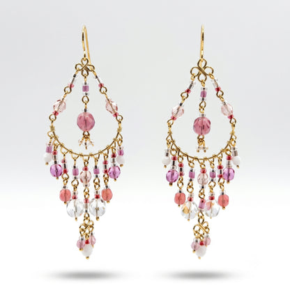 Pink Clear Fire Polished Bead Chandelier Earrings 2.75 Inch Stainless Steel Boho Dangle Jewelry Handmade Statement Gift
