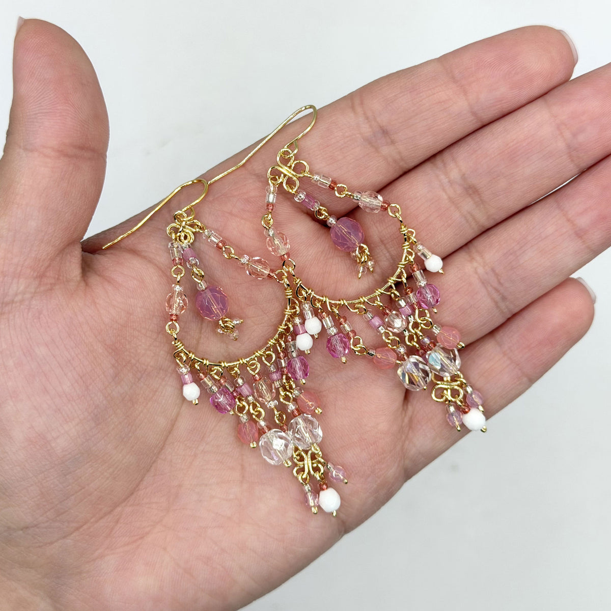 Pink Clear Fire Polished Bead Chandelier Earrings 2.75 Inch Stainless Steel Boho Dangle Jewelry Handmade Statement Gift