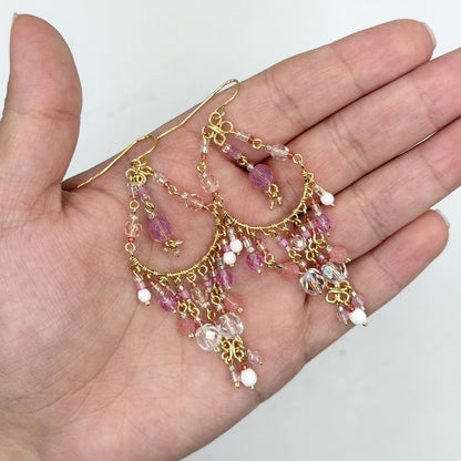 Pink Clear Fire Polished Bead Chandelier Earrings 2.75 Inch Stainless Steel Boho Dangle Jewelry Handmade Statement Gift