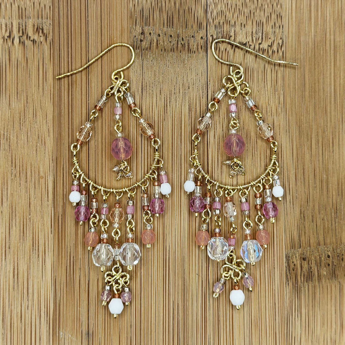 Pink Clear Fire Polished Bead Chandelier Earrings 2.75 Inch Stainless Steel Boho Dangle Jewelry Handmade Statement Gift