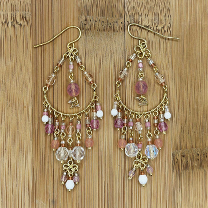 Pink Clear Fire Polished Bead Chandelier Earrings 2.75 Inch Stainless Steel Boho Dangle Jewelry Handmade Statement Gift