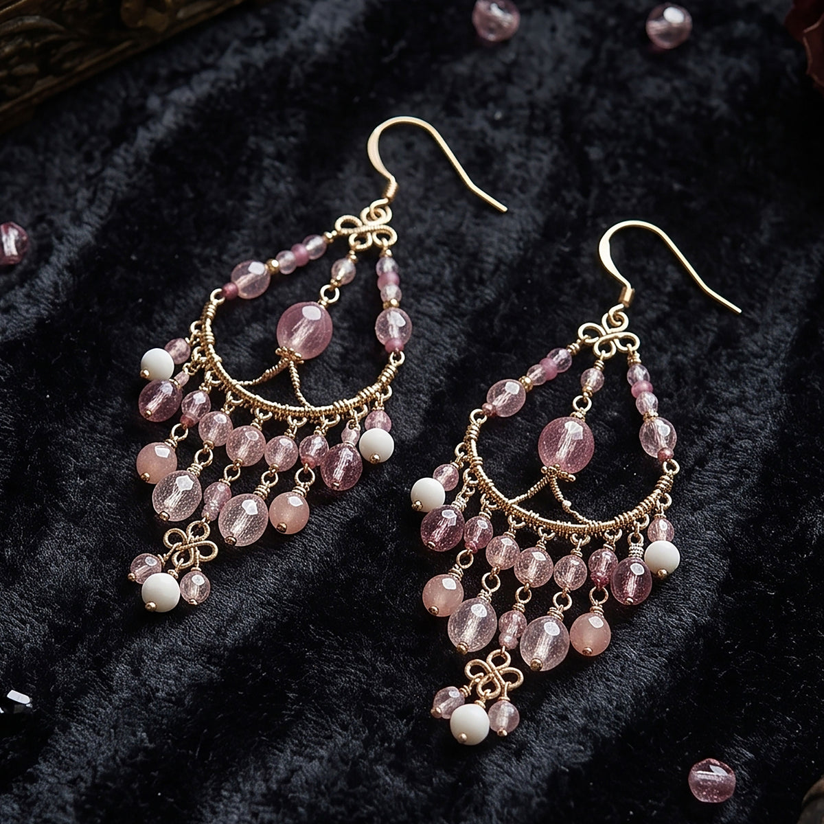Pink Clear Fire Polished Bead Chandelier Earrings 2.75 Inch Stainless Steel Boho Dangle Jewelry Handmade Statement Gift