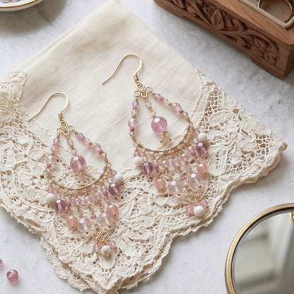 Pink Clear Fire Polished Bead Chandelier Earrings 2.75 Inch Stainless Steel Boho Dangle Jewelry Handmade Statement Gift