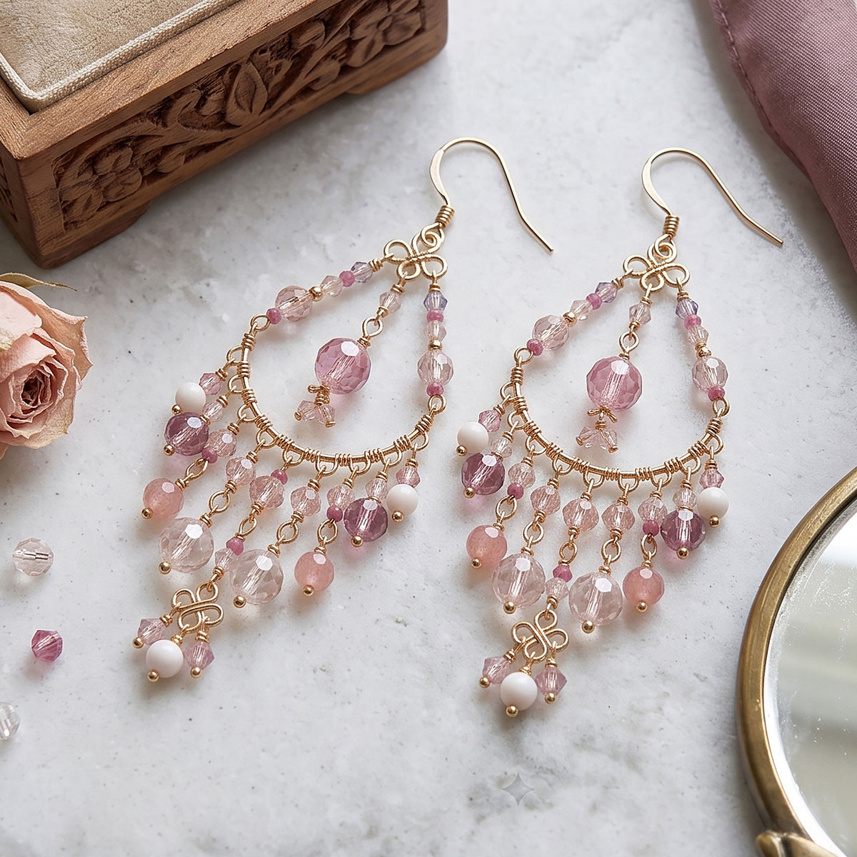 Pink Clear Fire Polished Bead Chandelier Earrings 2.75 Inch Stainless Steel Boho Dangle Jewelry Handmade Statement Gift