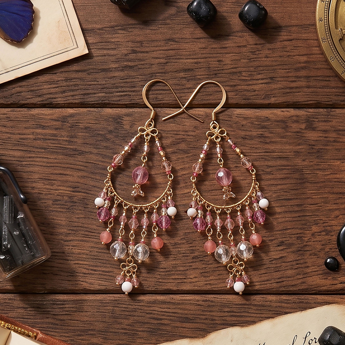 Pink Clear Fire Polished Bead Chandelier Earrings 2.75 Inch Stainless Steel Boho Dangle Jewelry Handmade Statement Gift