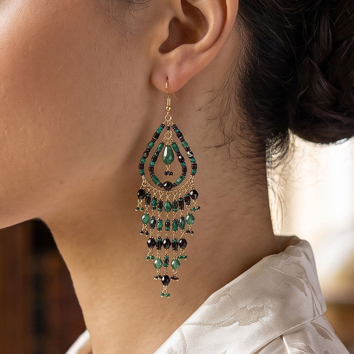 Black Green Fire Polished Bead Chandelier Earrings Stainless Steel - Gem Avenue Retail