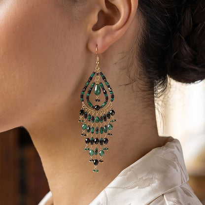 Black Green Fire Polished Bead Chandelier Earrings Stainless Steel - Gem Avenue Retail