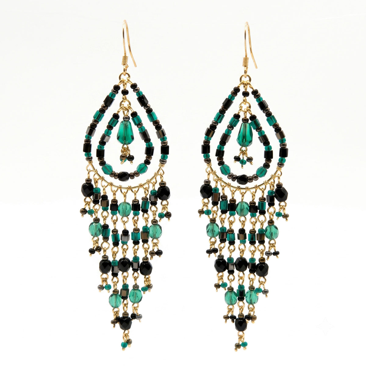Black Green Fire Polished Bead Chandelier Earrings Stainless Steel - Gem Avenue Retail