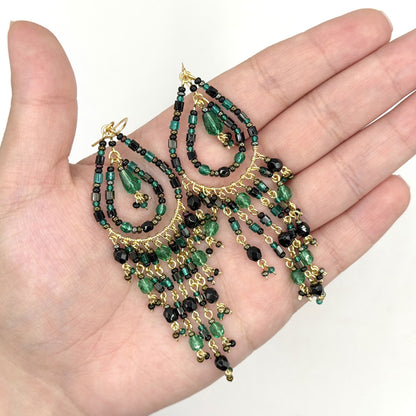 Black Green Fire Polished Bead Chandelier Earrings Stainless Steel - Gem Avenue Retail