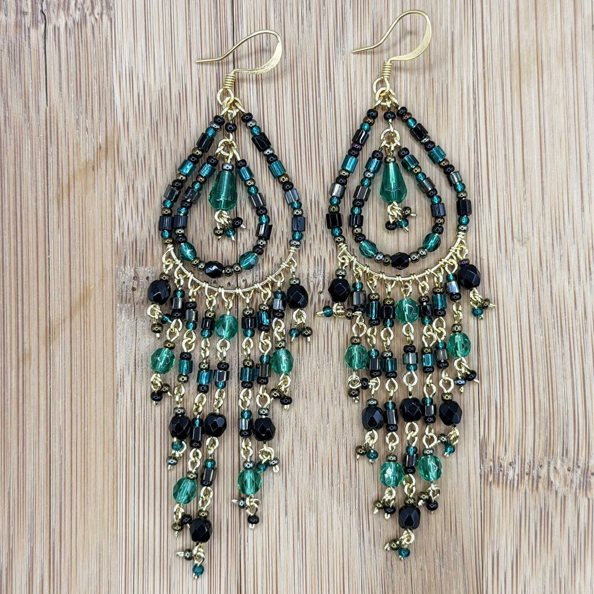 Black Green Fire Polished Bead Chandelier Earrings Stainless Steel - Gem Avenue Retail