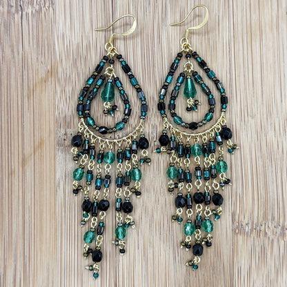 Black Green Fire Polished Bead Chandelier Earrings Stainless Steel - Gem Avenue Retail