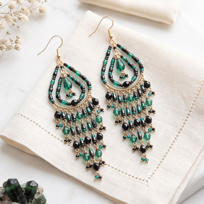 Black Green Fire Polished Bead Chandelier Earrings Stainless Steel - Gem Avenue Retail