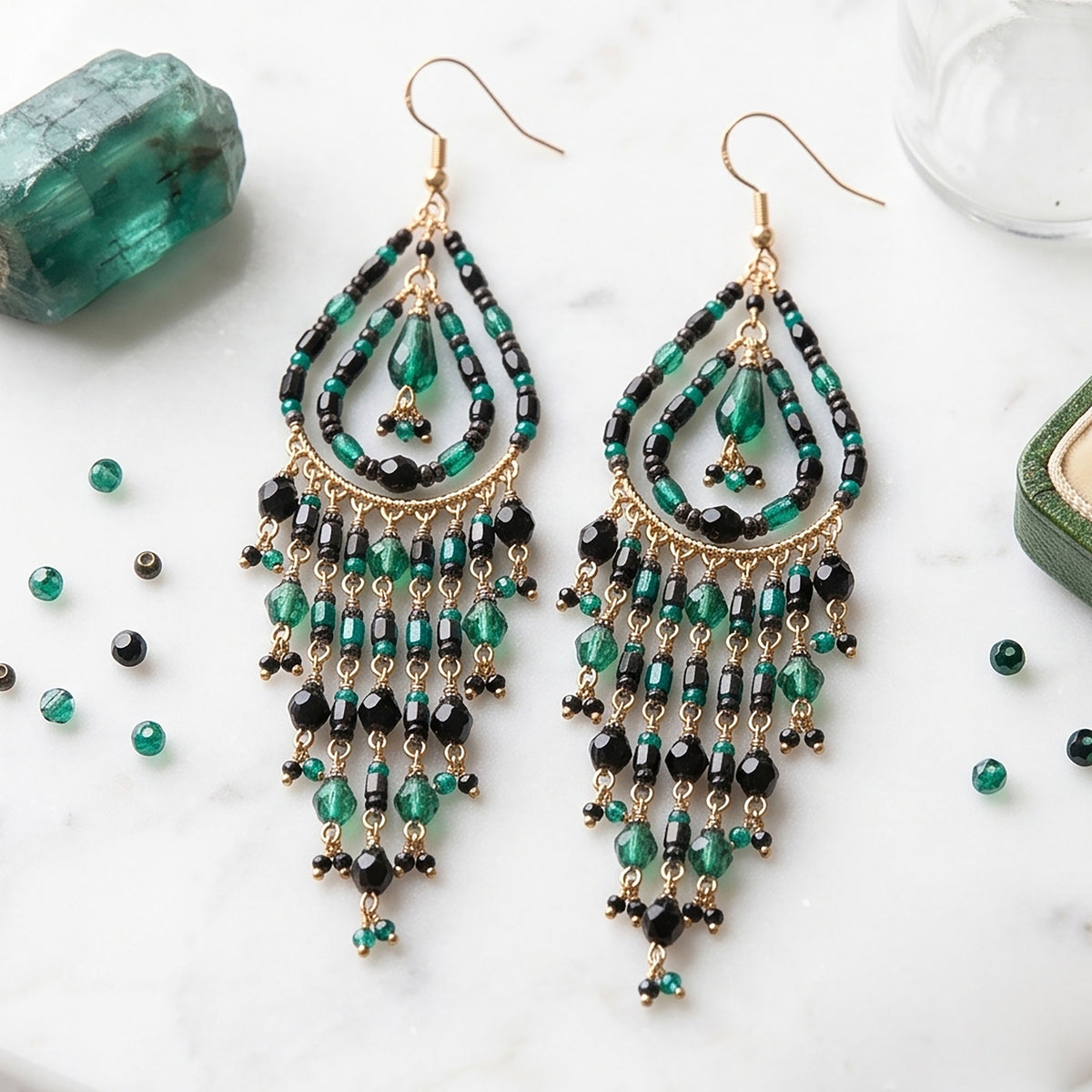 Black Green Fire Polished Bead Chandelier Earrings Stainless Steel - Gem Avenue Retail