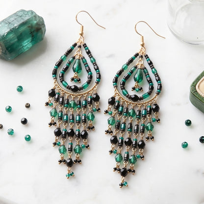Black Green Fire Polished Bead Chandelier Earrings Stainless Steel - Gem Avenue Retail