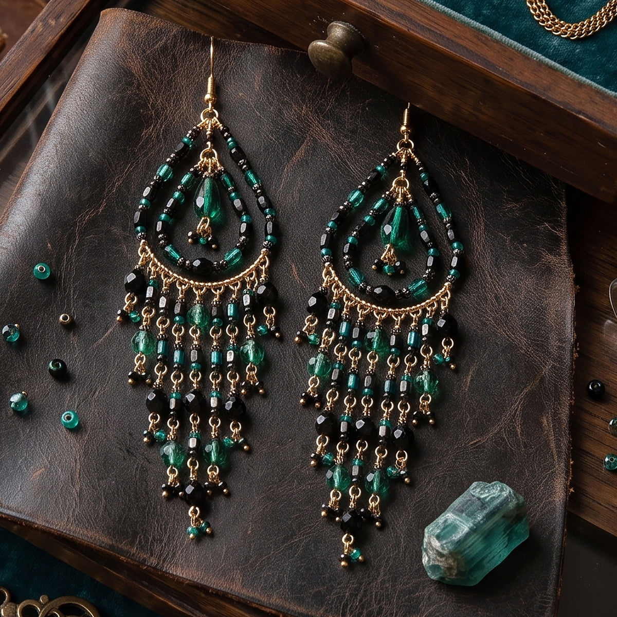 Black Green Fire Polished Bead Chandelier Earrings Stainless Steel - Gem Avenue Retail