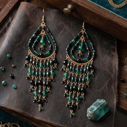 Black Green Fire Polished Bead Chandelier Earrings Stainless Steel - Gem Avenue Retail