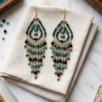 Black Green Fire Polished Bead Chandelier Earrings Stainless Steel - Gem Avenue Retail