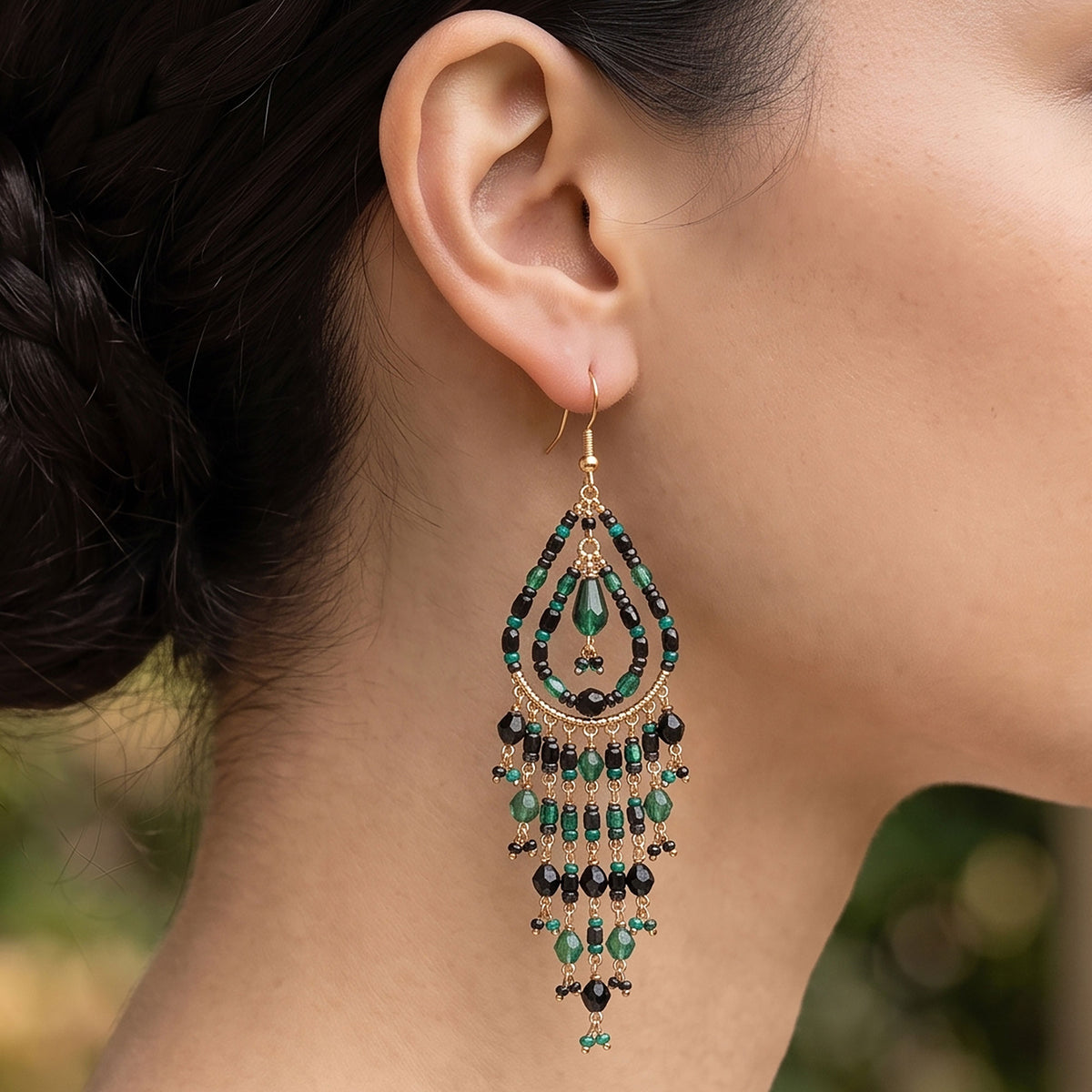 Black Green Fire Polished Bead Chandelier Earrings Stainless Steel - Gem Avenue Retail