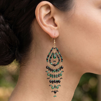 Black Green Fire Polished Bead Chandelier Earrings Stainless Steel - Gem Avenue Retail