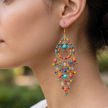 Multicolor Fire Polished Bead Chandelier Earrings 3.5 Inch Boho Fringe Dangle Jewelry Stainless Steel Handmade Statement Gift