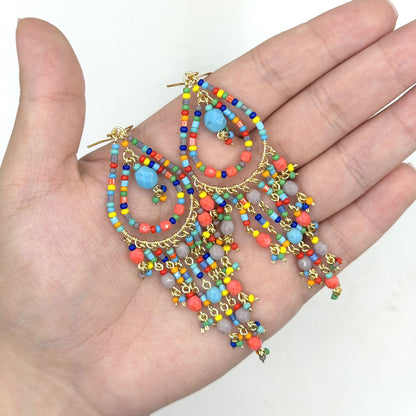 Multicolor Fire Polished Bead Chandelier Earrings 3.5 Inch Boho Fringe Dangle Jewelry Stainless Steel Handmade Statement Gift