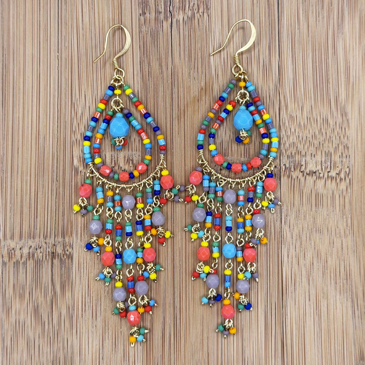 Multicolor Fire Polished Bead Chandelier Earrings 3.5 Inch Boho Fringe Dangle Jewelry Stainless Steel Handmade Statement Gift