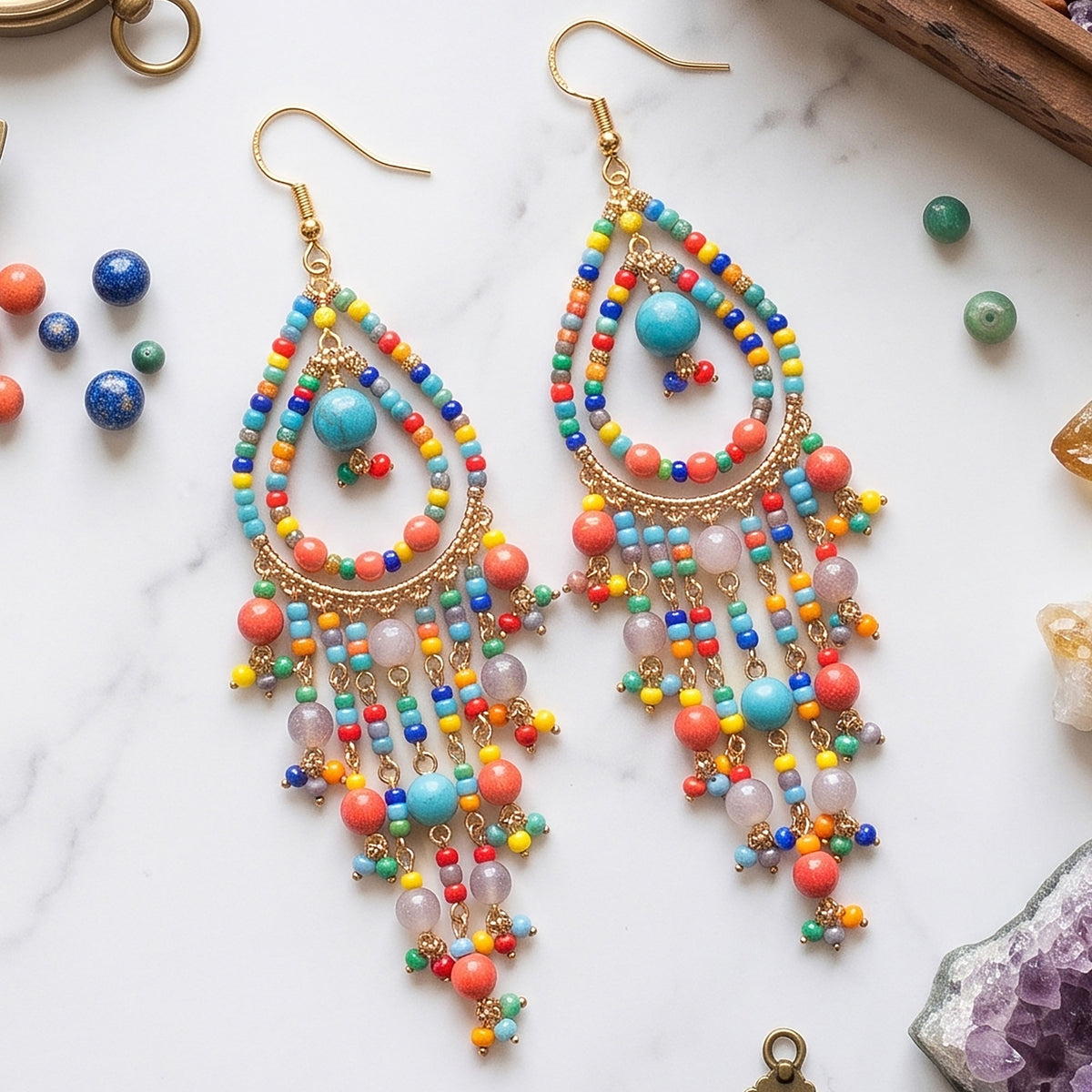Multicolor Fire Polished Bead Chandelier Earrings 3.5 Inch Boho Fringe Dangle Jewelry Stainless Steel Handmade Statement Gift