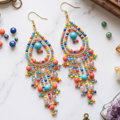 Multicolor Fire Polished Bead Chandelier Earrings 3.5 Inch Boho Fringe Dangle Jewelry Stainless Steel Handmade Statement Gift