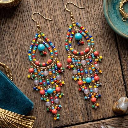 Multicolor Fire Polished Bead Chandelier Earrings 3.5 Inch Boho Fringe Dangle Jewelry Stainless Steel Handmade Statement Gift