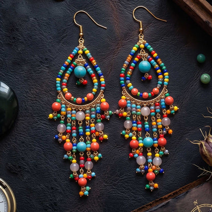 Multicolor Fire Polished Bead Chandelier Earrings 3.5 Inch Boho Fringe Dangle Jewelry Stainless Steel Handmade Statement Gift