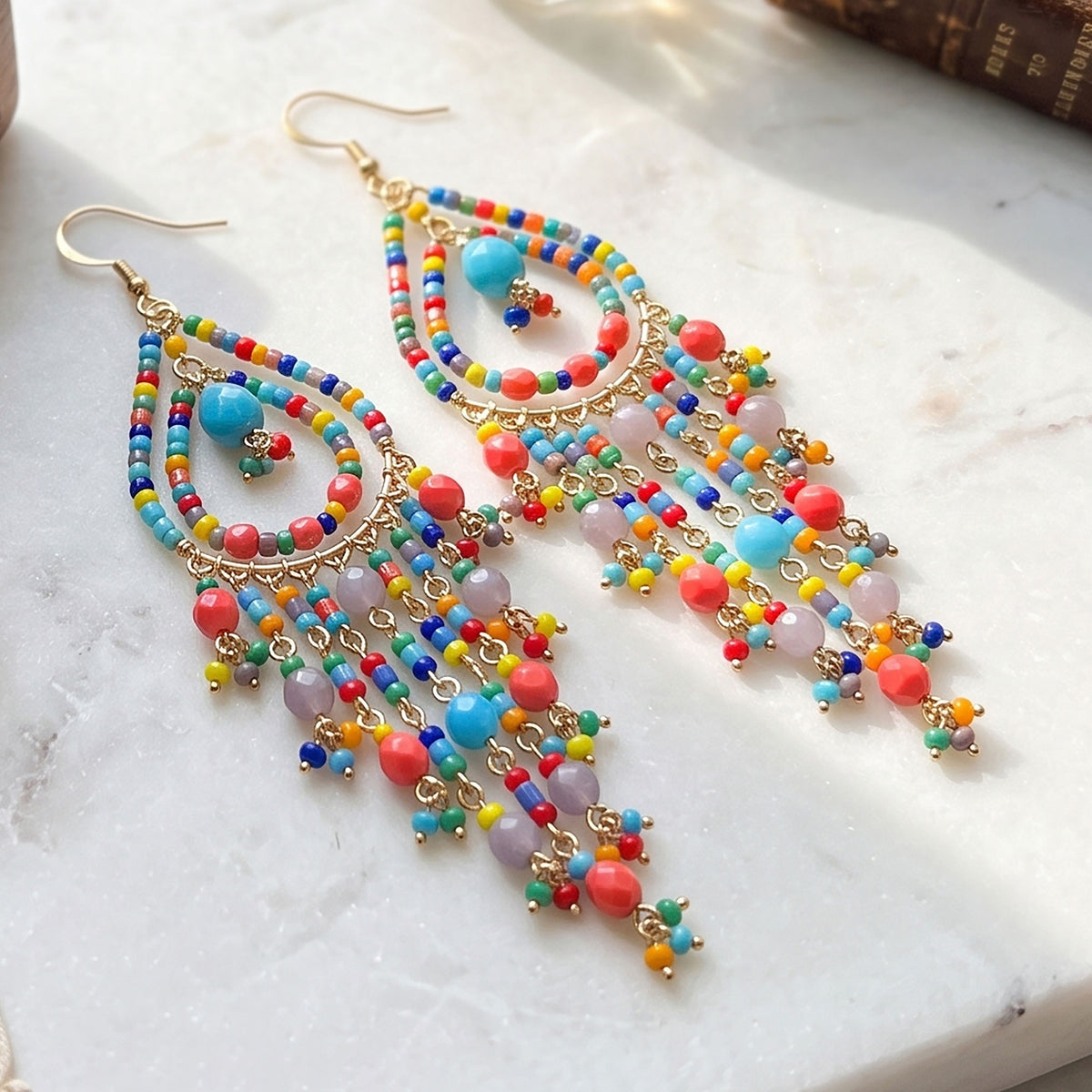 Multicolor Fire Polished Bead Chandelier Earrings 3.5 Inch Boho Fringe Dangle Jewelry Stainless Steel Handmade Statement Gift