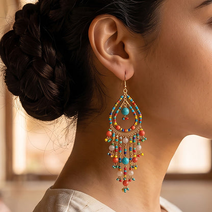 Multicolor Fire Polished Bead Chandelier Earrings 3.5 Inch Boho Fringe Dangle Jewelry Stainless Steel Handmade Statement Gift