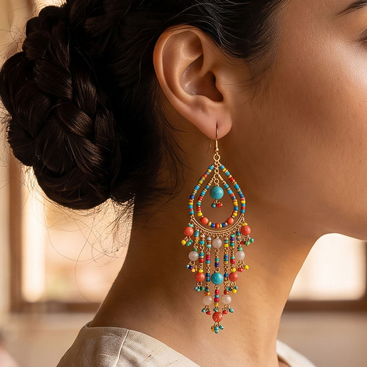Multicolor Fire Polished Bead Chandelier Earrings 3.5 Inch Boho Fringe Dangle Jewelry Stainless Steel Handmade Statement Gift