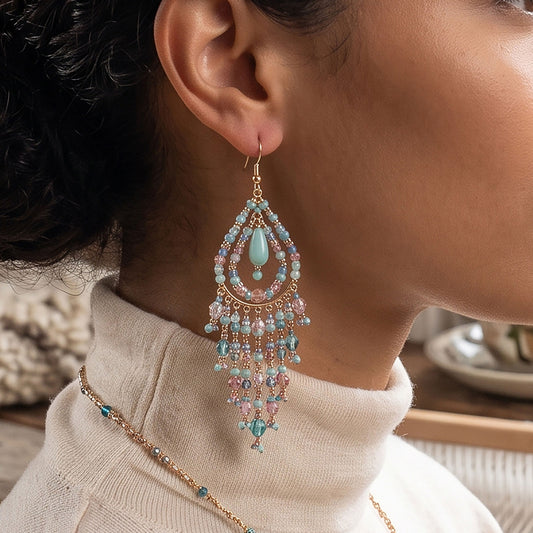 Multicolor Fire Polished Bead Chandelier Earrings 3 Inch Stainless Steel Beaded Boho Dangle Jewelry Handmade Statement Gift