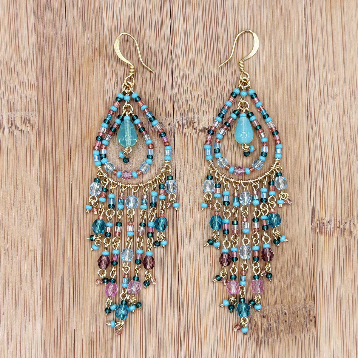 Multicolor Fire Polished Bead Chandelier Earrings 3 Inch Stainless Steel Beaded Boho Dangle Jewelry Handmade Statement Gift