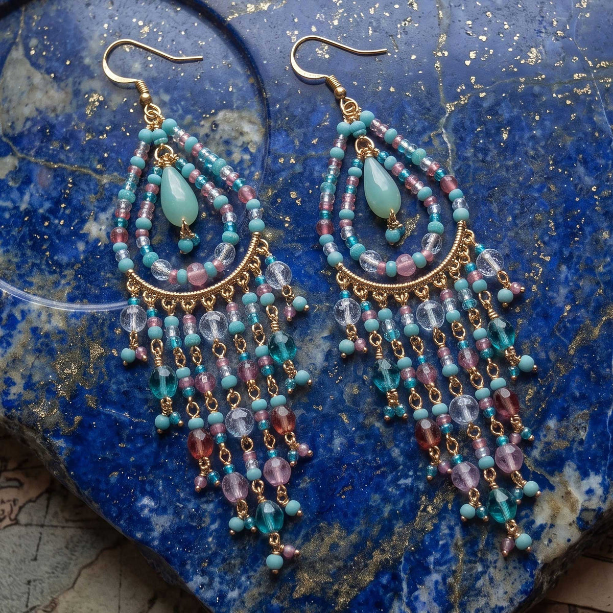 Multicolor Fire Polished Bead Chandelier Earrings 3 Inch Stainless Steel Beaded Boho Dangle Jewelry Handmade Statement Gift