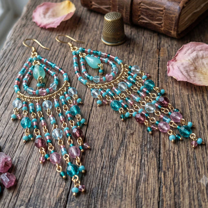 Multicolor Fire Polished Bead Chandelier Earrings 3 Inch Stainless Steel Beaded Boho Dangle Jewelry Handmade Statement Gift