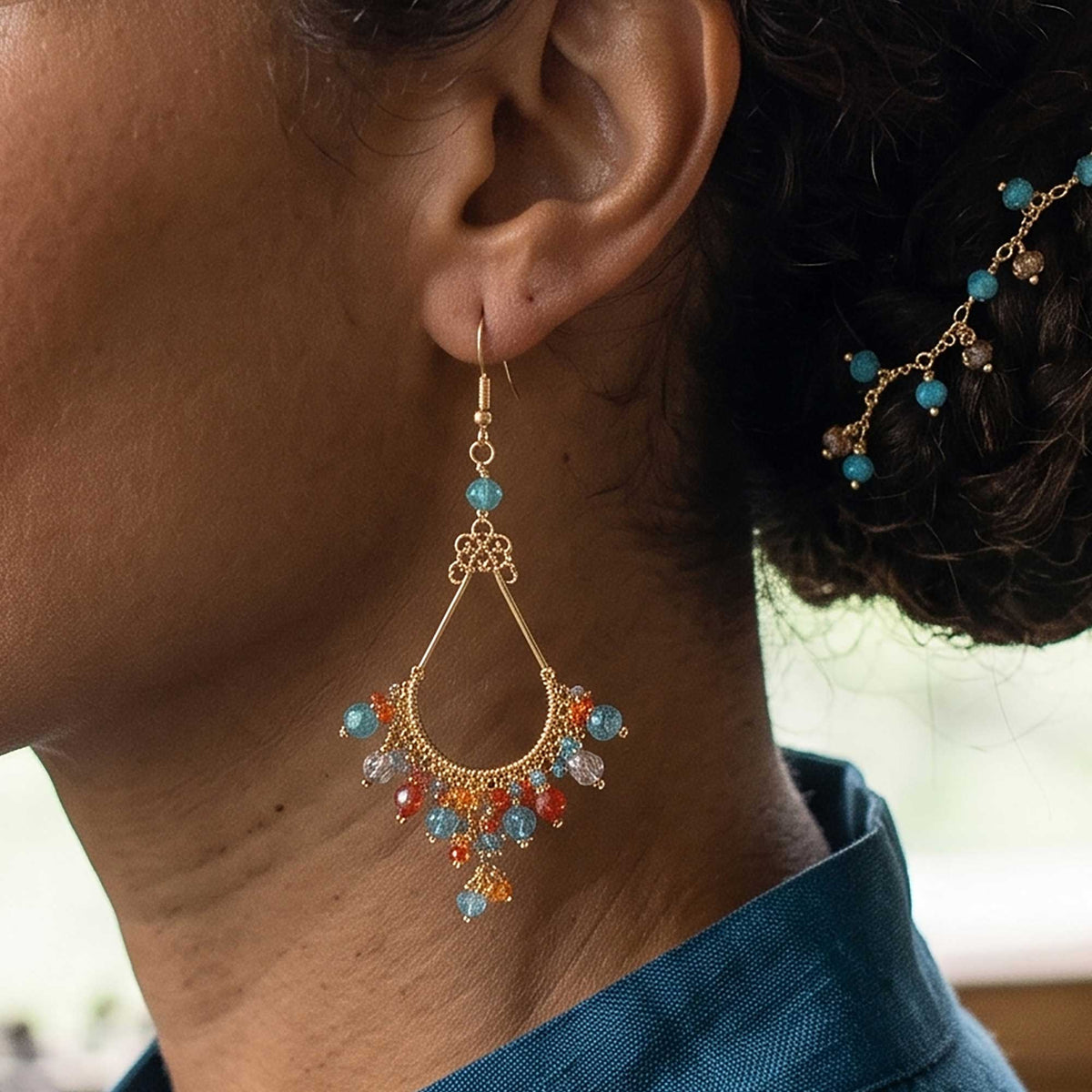 Multicolor Fire Polished Bead Chandelier Earrings Gold Tone Stainless Steel Boho Dangle Jewelry Handmade Statement Gift