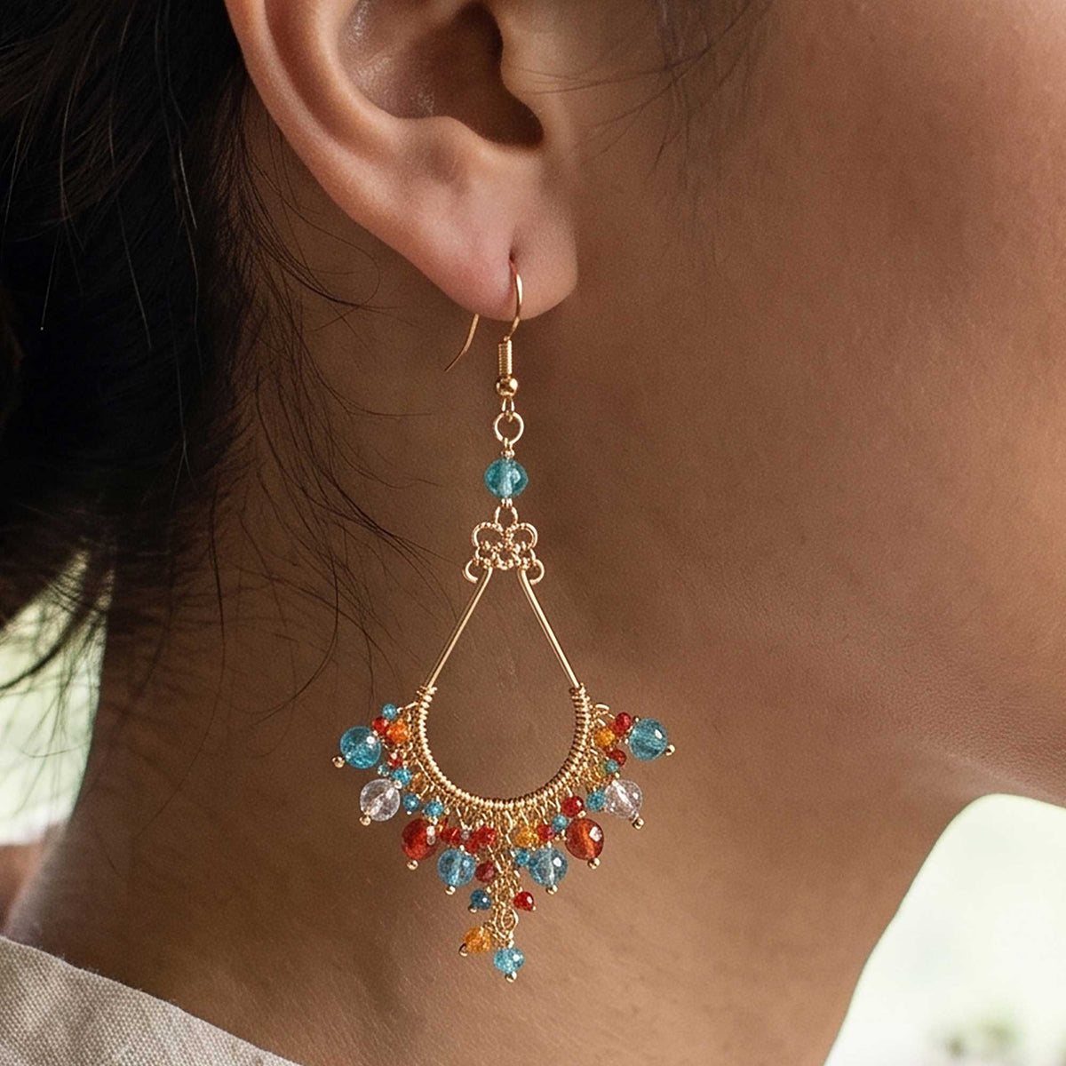 Multicolor Fire Polished Bead Chandelier Earrings Gold Tone Stainless Steel Boho Dangle Jewelry Handmade Statement Gift