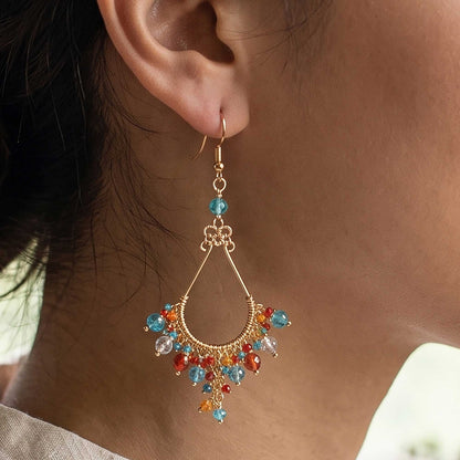 Multicolor Fire Polished Bead Chandelier Earrings Gold Tone Stainless Steel Boho Dangle Jewelry Handmade Statement Gift