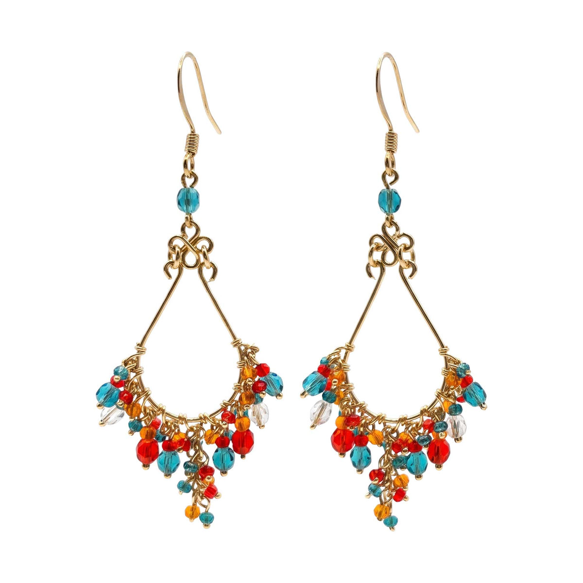 Multicolor Fire Polished Bead Chandelier Earrings Gold Tone Stainless Steel Boho Dangle Jewelry Handmade Statement Gift
